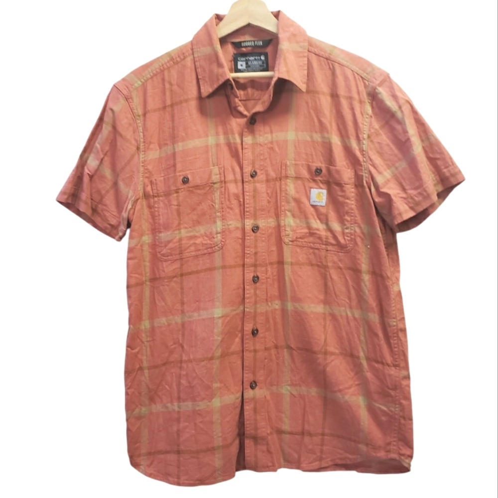 Carhartt Button Down Shirt Relaxed Fit Brown Plaid Short Sleeve Logo Size M